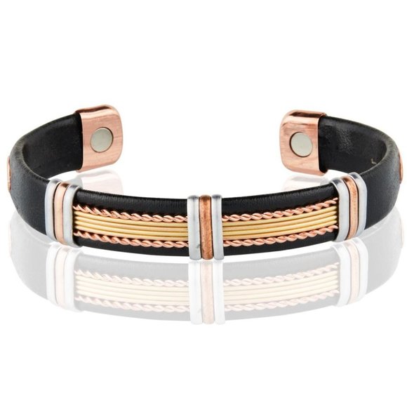 Jewelry - Pure Copper Leather Wrapped Magnetic Bracelet Pain Therapy Cuff Bangle Tri Tone